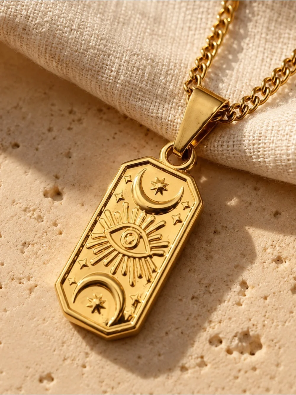 Gold Tone Evil Eye Sun Moon Tag Pendant Necklace Stainless Steel